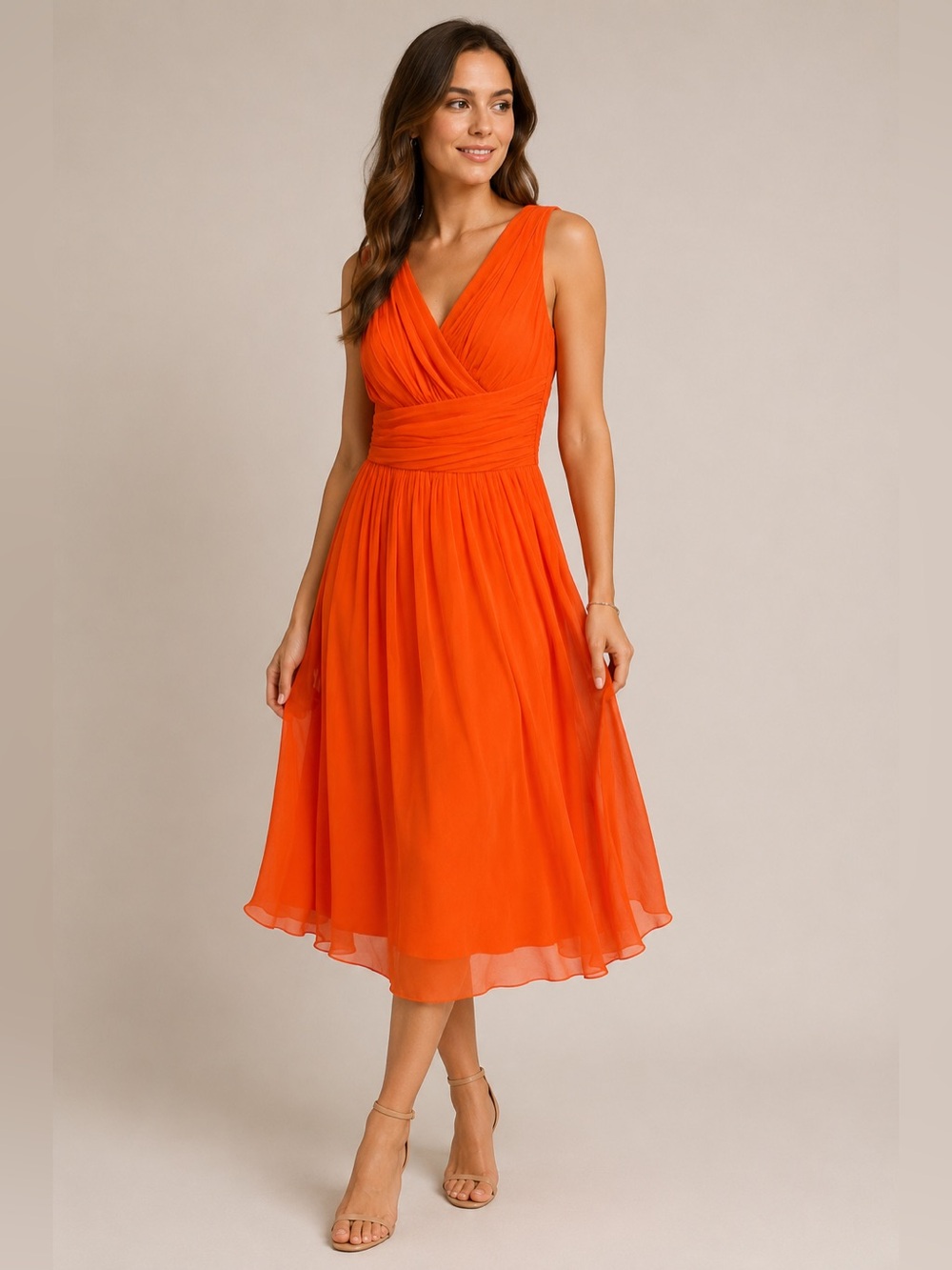 MAX MARA Pianoforte Silk Chiffon Draped Dress in Coral Orange